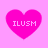 Four pink heart shapes on a light pink background, each containing the text ILUSM in white pixelated letters.