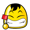Yellow cartoon head with black hair, closed eyes, and wide white mouth holding red flag and yellow ball on left side.