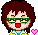 Pixel art avatar with brown hair, green glasses, red mouth, and pink blush, wearing a blue-and-yellow striped shirt with pink hearts.