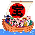 Pixel art animation of a wooden boat with eight cartoon characters sailing on blue water, featuring a red circular sail with black Japanese kanji "宝" (takara) and two identical frames showing slight character pose differences.