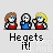Pixel art animation of three characters with text 'Hegets it!' below them, showing sequential hand gestures and speech bubbles.
