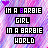 A 3x3 contact sheet of animated frames showing a pixelated text-based icon with the phrase "IN A BARBIE GIRL IN A BARBIE WORLD" on a pink-purple gradient background, featuring color variations in the word "BARBIE" across frames.