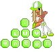 Pixel art avatar of a blonde girl in green cap and white sneakers, with green hexagonal spelling 'green' below her, some showing black text