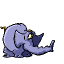 Animated sequence of a purple elephant with dark blue accents holding and releasing a glowing blue sphere.