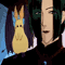 Pixelated character with dark hair and black clothing holding a yellow rabbit-like creature against a blue background.