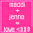 Four identical pink square display white text reading 'maddi + jenna = love <888' with a heart symbol in the top-right