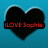 Black heart shape with white outline on blue background; one version displays red text "I LOVE Sophie" across the heart.
