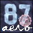 nine identical static images showing large light blue '87' numerals, a pink circular icon with indistinct content, and the word 'aero' in white cursive script on dark background