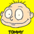 Two cartoon character heads on a yellow background with text labels below each head.