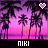 Pixelated sunset scene with palm trees, pink and purple gradient sky, two heart symbols above the trees, and 'NIKI' text at bottom.