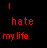 Animated contact sheet of a pixelated text-based icon showing progressive degradation and distortion of the phrase "I hate my life" across 22 frames, with red text on black background and pink accent dots appearing in later frames.