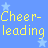 Pixelated yellow text on blue background with four light blue stars, displaying the phrase "Cheer- It's my leading sport!" in a retro digital style.