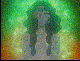 Animated sequence of a female anime character with long dark hair against green and orange gradient background, showing subtle facial expression changes.
