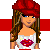 Pixel art contact sheet of a female character in various poses and outfits with text elements on red cross background