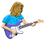 Pixelated figure with long brown hair plays purple electric guitar, wearing blue shirt and black choker against gray background.