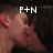 A pixelated image of a person's head and shoulder with text overlays showing sequential changes: 'P+N', '=', '<3'.
