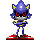 Pixelated blue character with red eyes and yellow accents stands on a red platform, holding a black object in various poses.