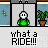Pixelated character in green shirt hangs from ceiling, surrounded by changing background elements including plants and room interiors with text 'what a RIDE!!' below.
