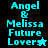 Pixelated text and symbols on split background with cyan and black sections, featuring 'Angel & Melissa Future Lovers' and star icons.