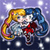 Pixelated static icon of two anime-style characters embracing against a starry background with blue and purple hues.