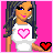 Pixel art of a woman with long dark hair wearing a white shirt with pink heart, holding red hearts against bright pink background.