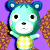 Pixelated cartoon bear with blue ears, green face, white muzzle, and yellow body against purple background.