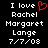 Black background with white pixelated text reading 'I love Rachel Margaret Lange 7/7/08' and a red pixelated heart symbol replacing the word 'love' in the first line.