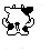 A 4-frame pixel art animation of a cow-like mascot in various poses, displayed as a contact sheet with black and white pixels on a transparent background.
