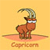 Pixelated 50x50 icon of a Capricorn zodiac symbol featuring a goat-like creature with curved horns standing on a platform against a yellow background, with the word "Capricorn" below in matching pixel art style.