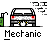 Animated contact sheet showing 14 frames of a mechanic-themed buddy icon with car, gas pump, and hand actions on gray background.