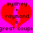 A pixelated graphic with a bright pink background, red broken heart symbol, and black text reading 'sydney + raymond = great coupl' in a retro digital style.