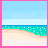 Pixelated beach scene with light blue sky, turquoise water, and sandy shore bordered by pink frame.