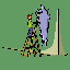 Pixel art of a person on a ladder painting a large blue shape against a green background with beige structures.
