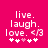 Pixelated text 'live. laugh. love.' with a heart symbol and five stars on a solid pink background, showing two animation frames where the central star changes color.