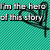Pixelated teal background with black text and a black heart outline; text reads "I'm the hero of this story." and "don't need to be saved" with a heart outline changing from open to closed.