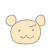 Pixelated cartoon character with rounded ears, neutral expression on left, open mouth and raised hand on right, gray background.