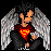 Pixelated character with black hair and gray wings wears red shirt with yellow 'S' symbol, seated against black background with repeated text in red and yellow.