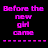 Pixelated text and symbols on black background: pink 'Before the new of one' left, blue 'He was' top-right, pink 'MINE' middle-right, small pixel cluster bottom-right.