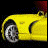 Yellow sports car with silver wheels and black accents in four views: front-left, side, rear, and a white emblem on dark background.