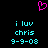 A pixelated icon with a pink heart symbol above cyan text reading 'i luv chris 9-9-08' on black background.