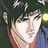 Pixelated anime-style character with dark hair and green eyes, wearing a red collar, next to black background with white text.