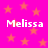 Bright pink background with scattered orange stars and four instances of the name 'Melissa' in white pixelated text.