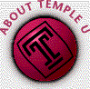 A red spherical icon with a black 'T' symbol inside a square, surrounded by 'ABOUT TEMPLE' text in red curved letters.