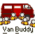 Red van with white windows and yellow feet, animated sequence showing multiple poses of a figure inside the van.
