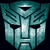Pixelated teal and white robot face with angular features, dark eye slits, and a central vertical mouth slit on a black background.