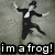 Pixelated figure in black suit with white shirt and bow tie, arms outstretched, legs apart, against muted gray background with text "im a frog!" below.