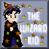 Pixel art of a wizard character with dark hair, green eyes, and a black robe holding a wand against a gray background with scattered stars.