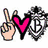 Pixelated icon with pink heart, peace sign hand, and anchor emblem on white background.