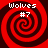 Four identical red and black spiral patterns with "Wolves #7" text in white pixelated font at top and center of each spiral.