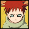 A character with spiky red hair and light blue eyes in a green high-collared garment against a yellow background, showing multiple eye expressions.